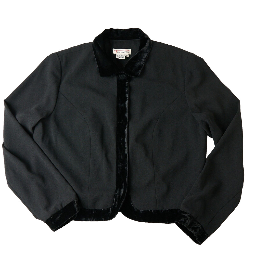 Vtg Talbots Blazer Jacket Womens 6 Black Velvet Trim Single Breasted Cropped 90s